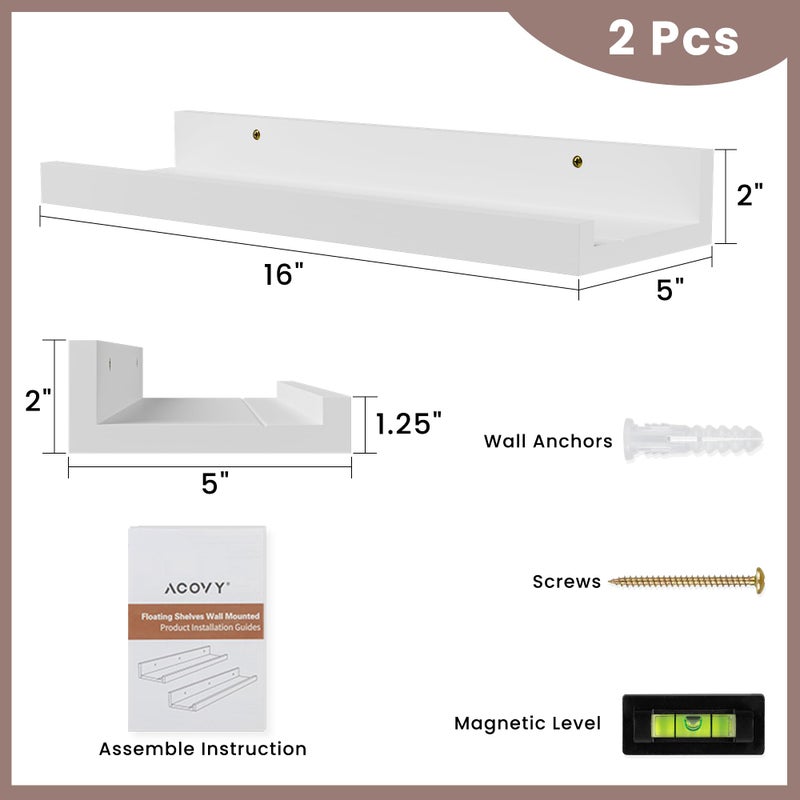 Acovy Floating Shelves for Wall, 16 inch Solid Wood Picture Ledge Shelf, Picture Shelf for Wall with Ledge, Floating Book Shelves for Living Room Bedroom Kitchen Nursery Decor, White, Set of 2 - Image 3