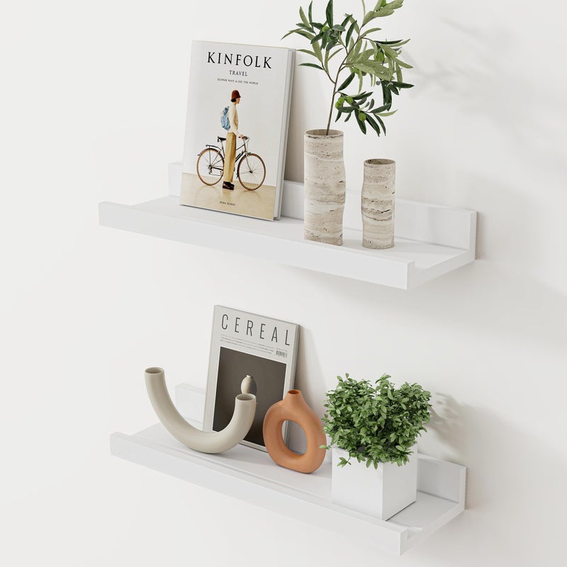 Acovy Floating Shelves for Wall, 16 inch Solid Wood Picture Ledge Shelf, Picture Shelf for Wall with Ledge, Floating Book Shelves for Living Room Bedroom Kitchen Nursery Decor, White, Set of 2 - Image 1