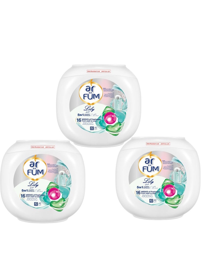 ar FUM ArFum PODS, 5-in-1 Laundry Detergent Capsules with Scent Booster, Detergent Concentrate, Softener, Color Protect, Stain Remover, 16 Weeks Fragrance, 42 Pods, Lily,Pack of 3 X 42 Pods (126 Capsules) - Image 2