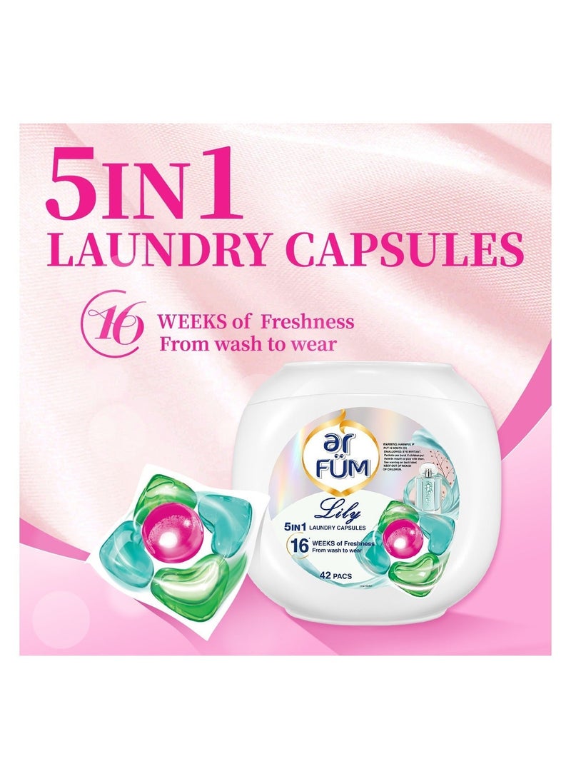 ar FUM ArFum PODS, 5-in-1 Laundry Detergent Capsules with Scent Booster, Detergent Concentrate, Softener, Color Protect, Stain Remover, 16 Weeks Fragrance, 42 Pods, Lily,Pack of 3 X 42 Pods (126 Capsules) - Image 4