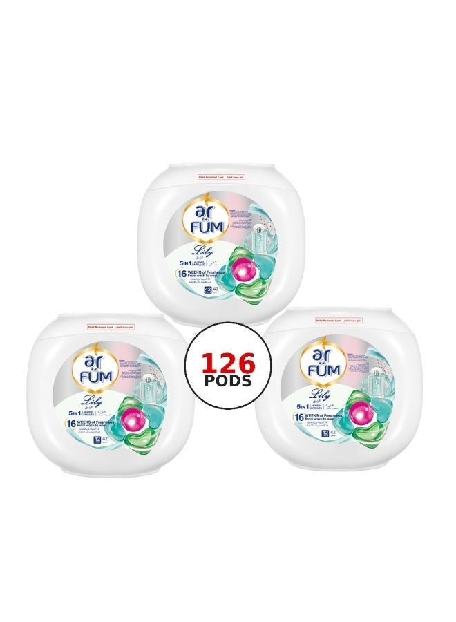 ar FUM ArFum PODS, 5-in-1 Laundry Detergent Capsules with Scent Booster, Detergent Concentrate, Softener, Color Protect, Stain Remover, 16 Weeks Fragrance, 42 Pods, Lily,Pack of 3 X 42 Pods (126 Capsules) - Image 1