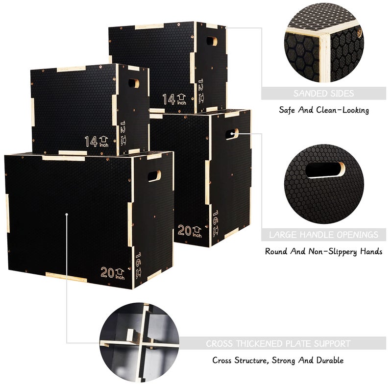 Fitvids 3 in 1 Non-Slip Wooden Plyo Box Plyometric Box Jumping Exercise, 12x14x16 Inches, Black - Image 3