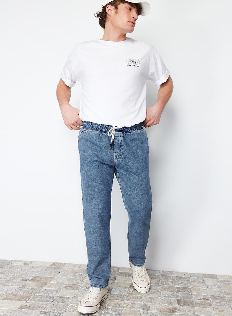 trendyol Light Blue Regular Fit Elastic Waist Wide Cut Loose Denim Trousers Jeans - Image 3
