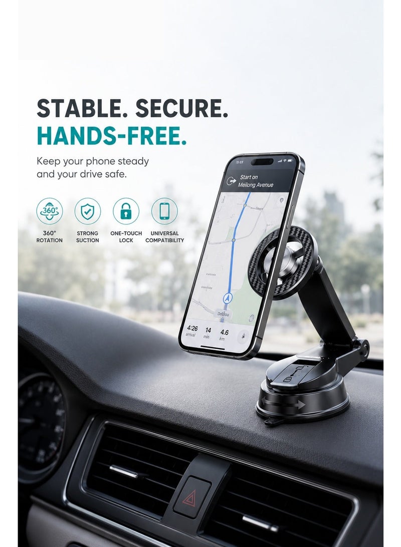 حامل هاتف للسيارة مع تثبيت قوي، حامل موبايل للتابلوه بدوران 360 درجة، قاعدة شفط قوية، رأس مغناطيسي، حامل هاتف قابل للتعديل للهواتف الذكية وأجهزة GPS - Image 2