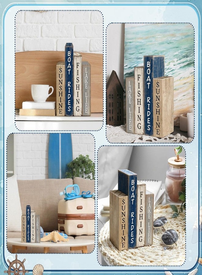 Lineshading 4 Pcs Summer Lake House Decor Stacked Wooden Block Set with Lake Life Boat Rides Fishing Sunshine Blue White Summer Table Decor Wooden Book Signs for Fishing & Boating Lovers Gifts - Image 5