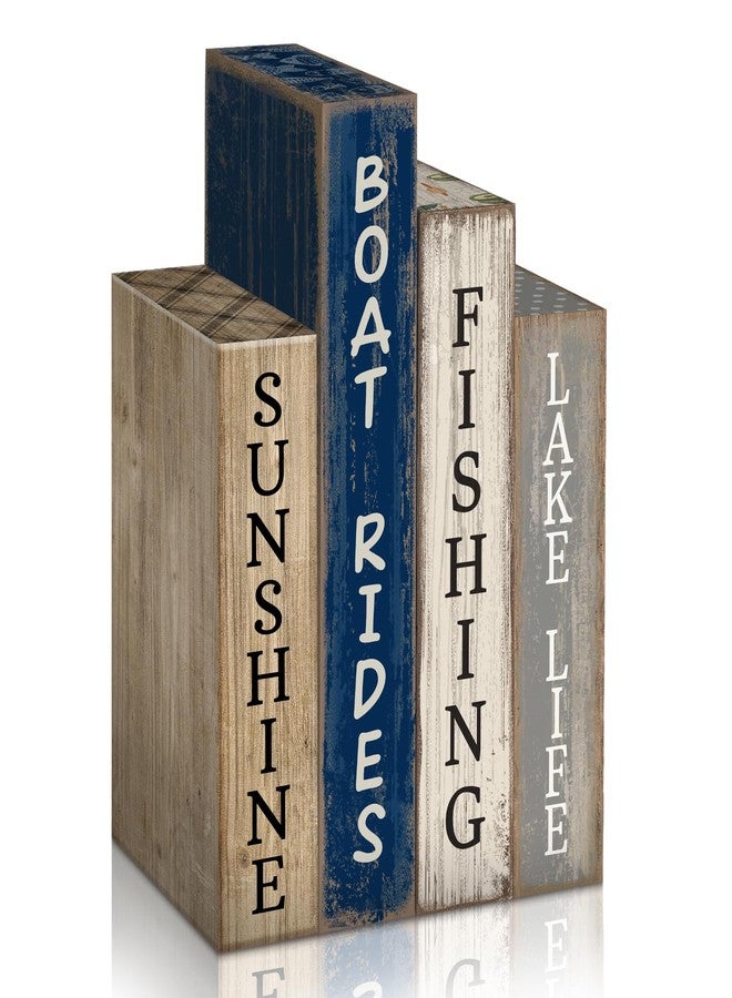 Lineshading 4 Pcs Summer Lake House Decor Stacked Wooden Block Set with Lake Life Boat Rides Fishing Sunshine Blue White Summer Table Decor Wooden Book Signs for Fishing & Boating Lovers Gifts - Image 1