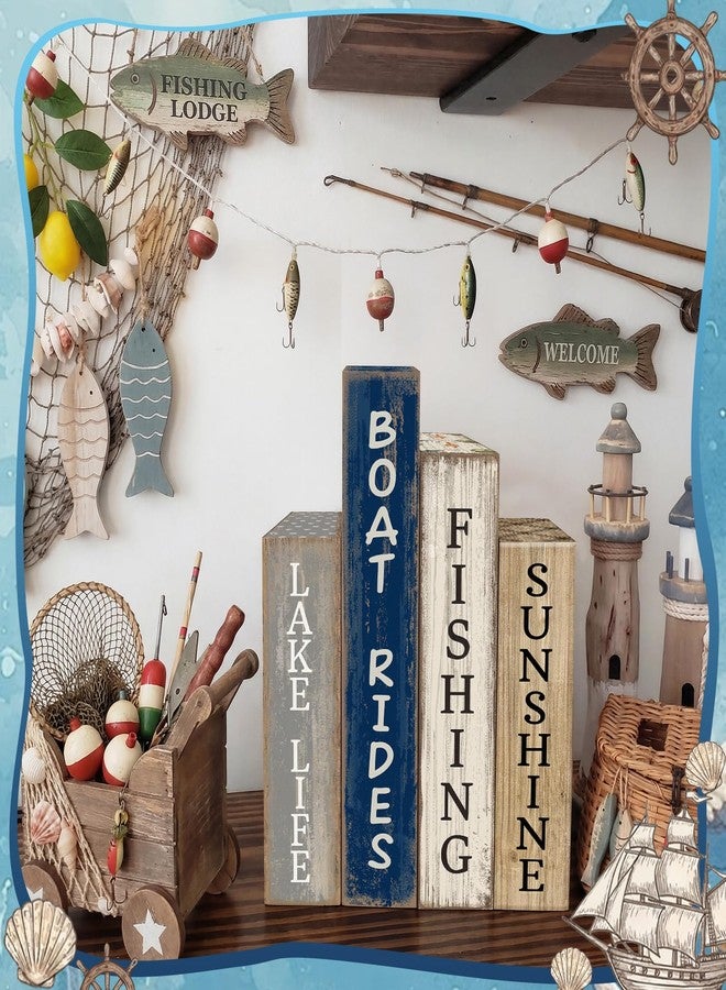 Lineshading 4 Pcs Summer Lake House Decor Stacked Wooden Block Set with Lake Life Boat Rides Fishing Sunshine Blue White Summer Table Decor Wooden Book Signs for Fishing & Boating Lovers Gifts - Image 4