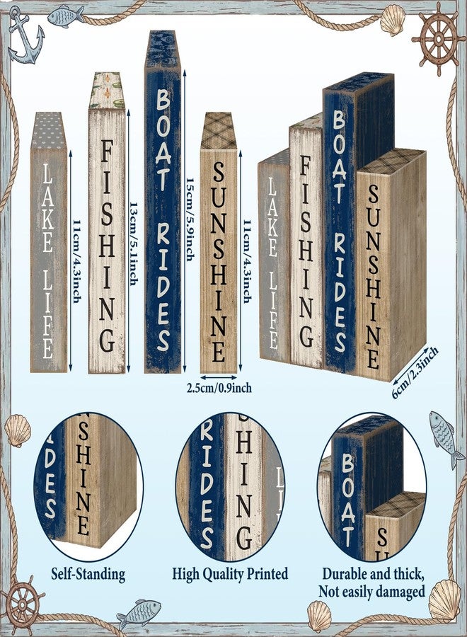 Lineshading 4 Pcs Summer Lake House Decor Stacked Wooden Block Set with Lake Life Boat Rides Fishing Sunshine Blue White Summer Table Decor Wooden Book Signs for Fishing & Boating Lovers Gifts - Image 3