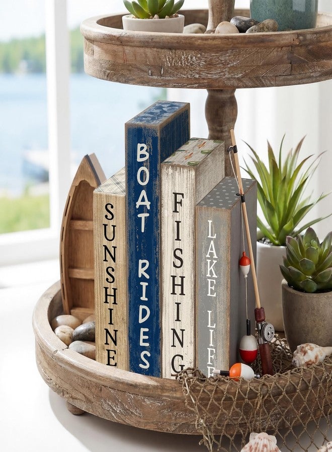 Lineshading 4 Pcs Summer Lake House Decor Stacked Wooden Block Set with Lake Life Boat Rides Fishing Sunshine Blue White Summer Table Decor Wooden Book Signs for Fishing & Boating Lovers Gifts - Image 2
