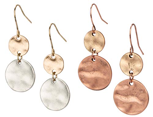 SPUNKYsoul Tribal Gold, Silver and Copper or Rose Gold Mixed Metal Boho Chic Ethnic Vintage Hoop Circle Fishhook Dangle Earrings for Women and Girls Gift Jewelry Bohemian (2 Disc 2 Pack) - Image 1