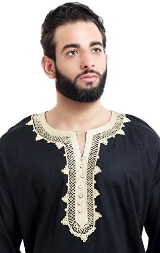 Treasures Of Morocco Moroccan Men Tunic Caftan Breathable Fiber Cotton Handmade Embroidery Ethnic Black - Image 3
