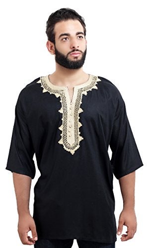 Treasures Of Morocco Moroccan Men Tunic Caftan Breathable Fiber Cotton Handmade Embroidery Ethnic Black - Image 2