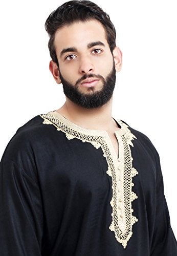 Treasures Of Morocco Moroccan Men Tunic Caftan Breathable Fiber Cotton Handmade Embroidery Ethnic Black - Image 4