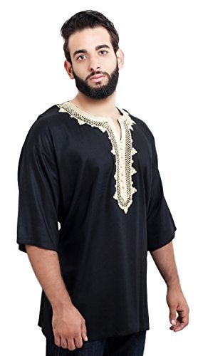 Treasures Of Morocco Moroccan Men Tunic Caftan Breathable Fiber Cotton Handmade Embroidery Ethnic Black - Image 1