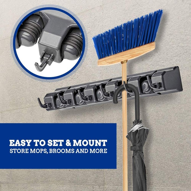 JUZR Industries Mop and Broom Holder 5 Slots 6 Hooks Durable Wall Mounted Cleaning Tools Rack Hanger for Home Kitchen Garden Garage Basement Use 6 Hooks - Image 4