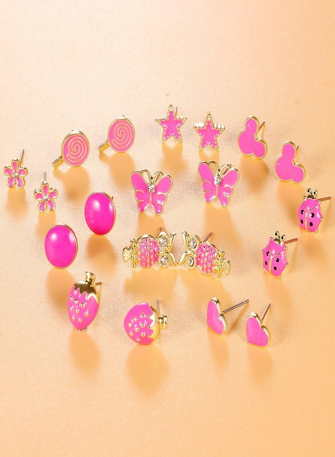 Tamhoo 10Pairs 18K Gold Plated Love Heart Shape Owl Flower Star Lollipop Mouse Small Cute Simple Post Stud Earrings Set for Girls Kids Gold Tone Mix and Match (Mix-Rose carmine) - Image 2