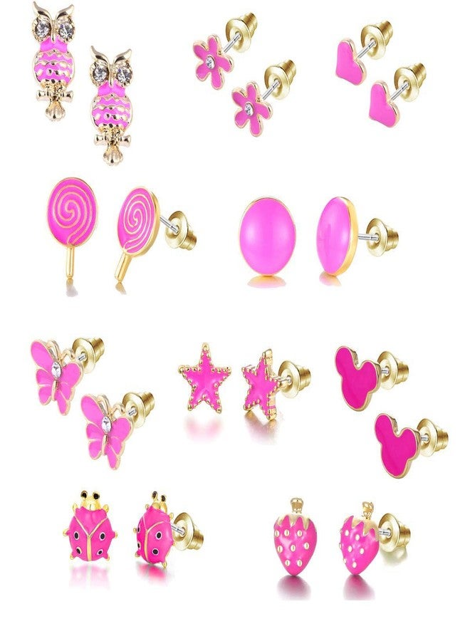 Tamhoo 10Pairs 18K Gold Plated Love Heart Shape Owl Flower Star Lollipop Mouse Small Cute Simple Post Stud Earrings Set for Girls Kids Gold Tone Mix and Match (Mix-Rose carmine) - Image 1