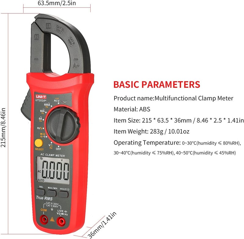 UNI-T UT202A+ 6000 Counts Digital Clamp Meter True RMS Multimeter Clamp Ammeter Voltage Meter NCV Test Universal Meter Tester AC Current Clamp Tester Measuring Relative Value Capacitance Frequency - Image 4