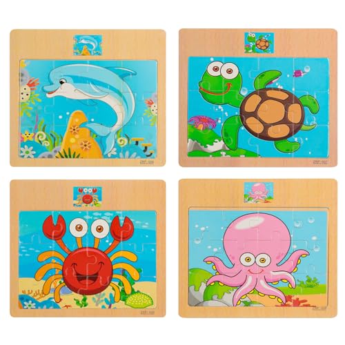 CCLIFE Wooden Jigsaw Puzzles Set for Kids 25 Years 12 Piece Colorful Wooden Educational Animal Puzzles Colorless 4PC Sea Animals - Image 1