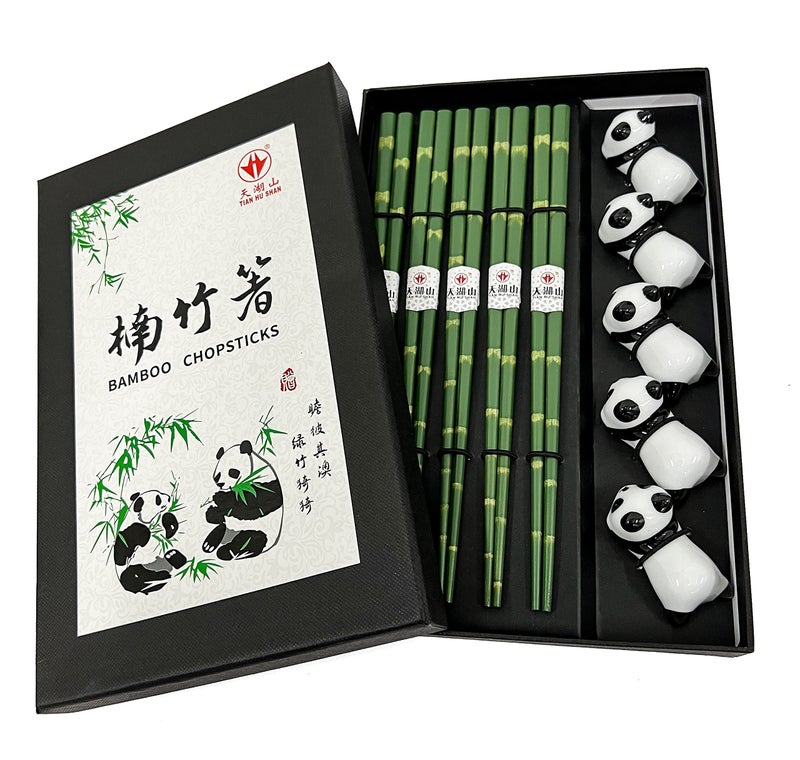 LANHUTHS Wooden Chopsticks Reusable 5 Pairs Gift Set with 5pcs porcelain rest Panda and Green Bamboo Design HandMade 88 Inch225cm