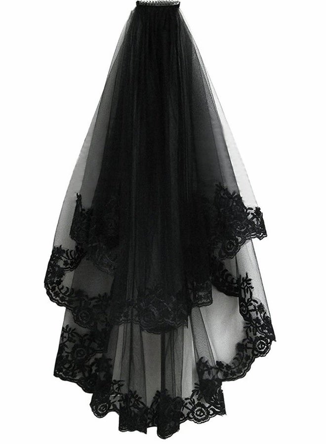 Black Veil Brides Wedding Veils Lace Short Bridal Veil Fingertip Women’s Veil Festival Veil 2 Tier Tulle Veil with Comb - Image 2