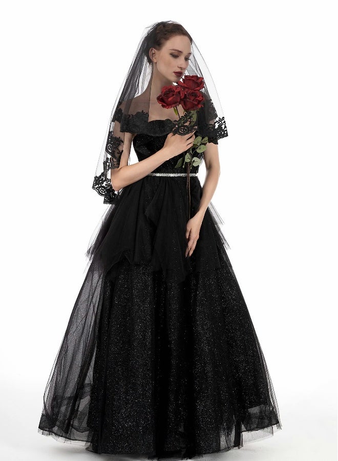 Black Veil Brides Wedding Veils Lace Short Bridal Veil Fingertip Women’s Veil Festival Veil 2 Tier Tulle Veil with Comb - Image 5