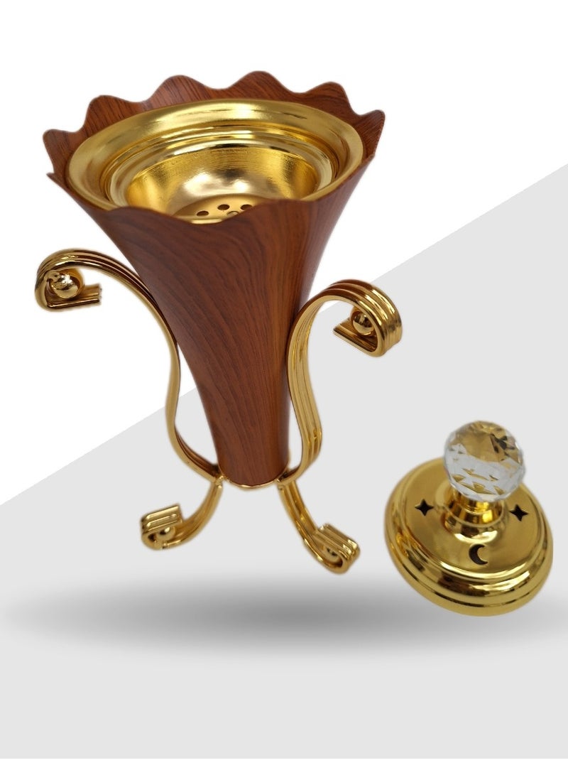 الزعابية مبخرة بنيةمبخرة بنية من الزعابية – حامل تقليدي من الخشب والمعدن بغطاء كريستالي لأعواد البخور والمخاريط. - Image 2