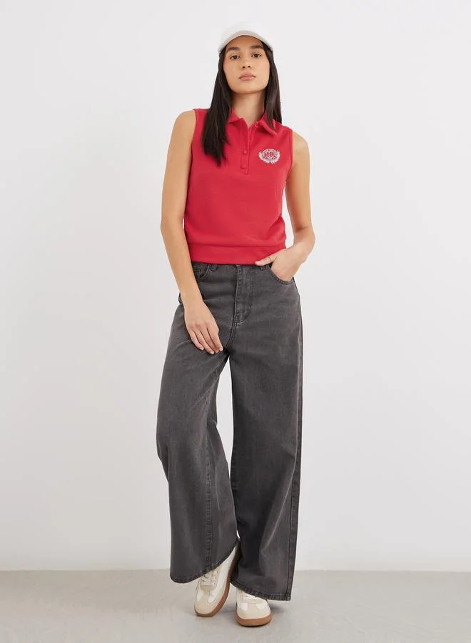 Styli Styli Embroidered Sleeveless Knit Polo Neck Top