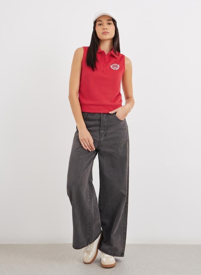 Styli Embroidered Sleeveless Knit Polo Neck Top - Image 2