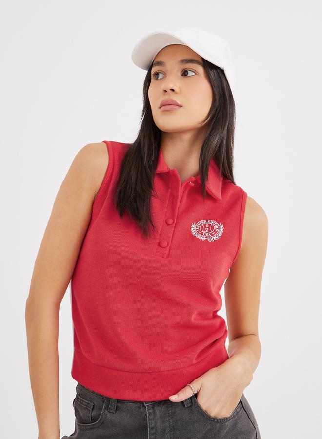 Styli Embroidered Sleeveless Knit Polo Neck Top - Image 1