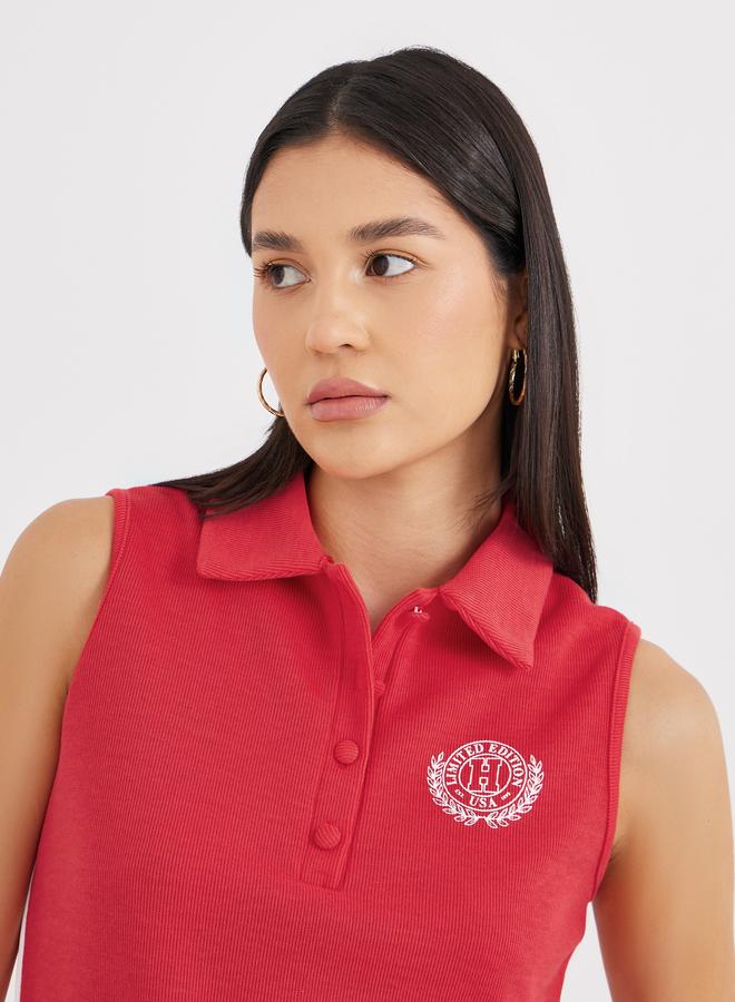 Styli Embroidered Sleeveless Knit Polo Neck Top - Image 3