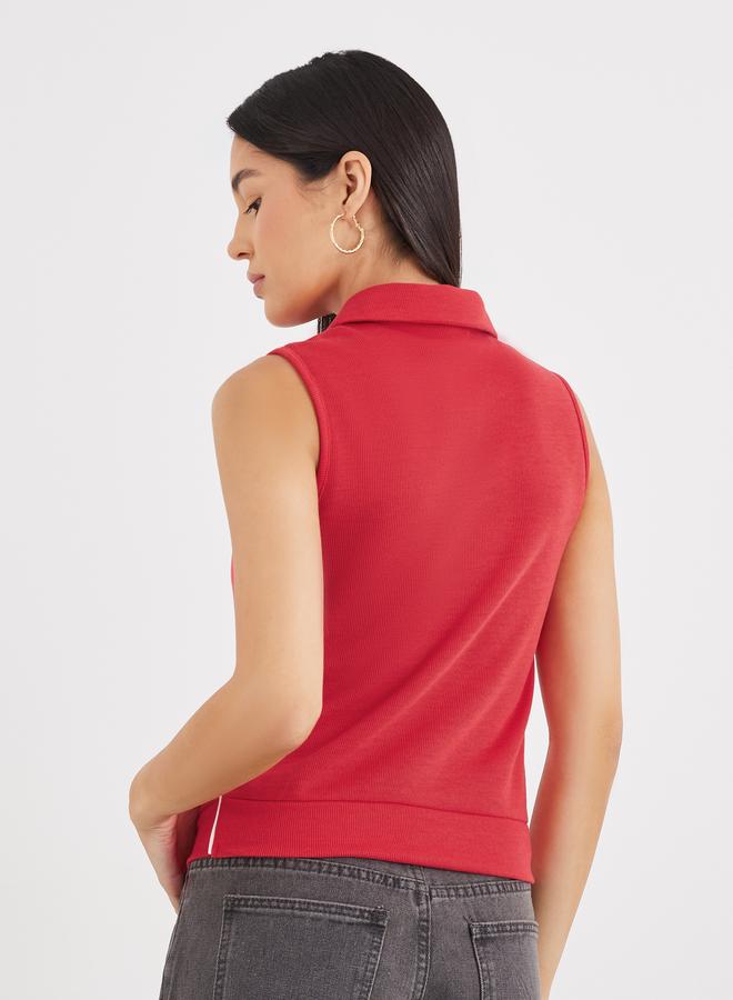 Styli Embroidered Sleeveless Knit Polo Neck Top - Image 4