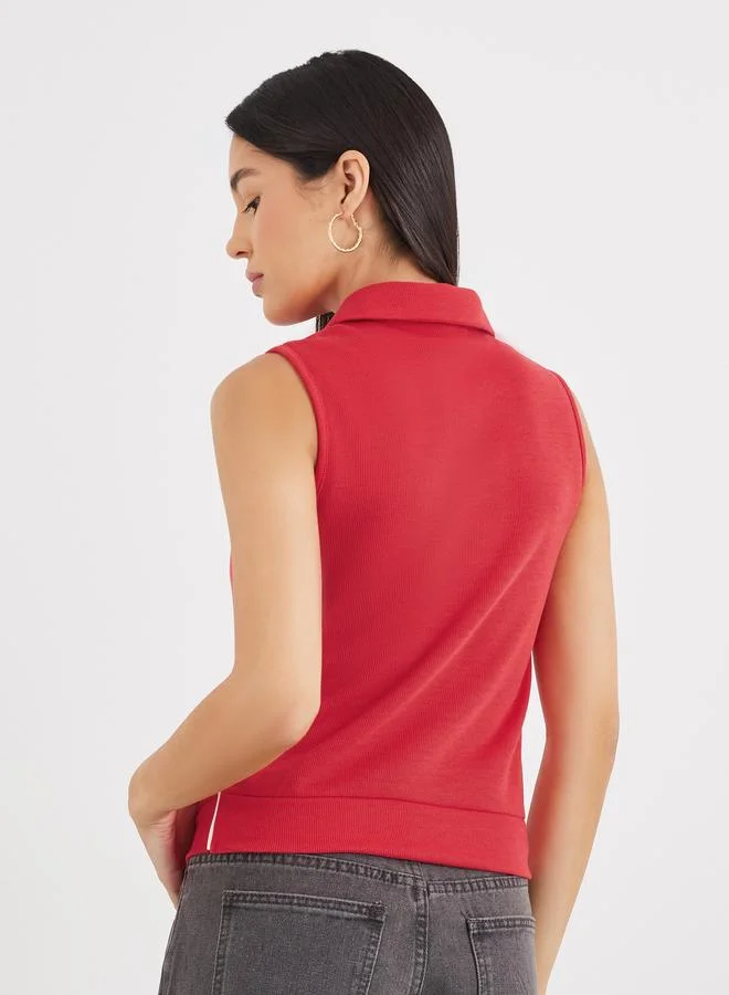 Styli Styli Embroidered Sleeveless Knit Polo Neck Top