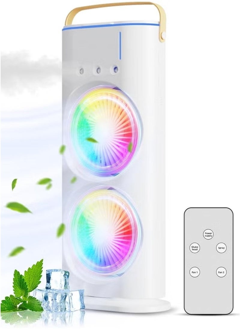 Denx Rechargeable Mist Fan And Humidifier, Dual Fan Air Cooler With High Cooling Technology 280Ml With Led Lights And Remote Control, White - Image 1