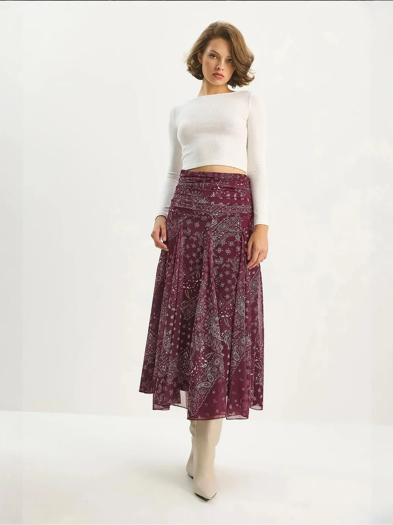 Bianco Lucci LUCCI High Waist Ethnic Print Midi Skirt