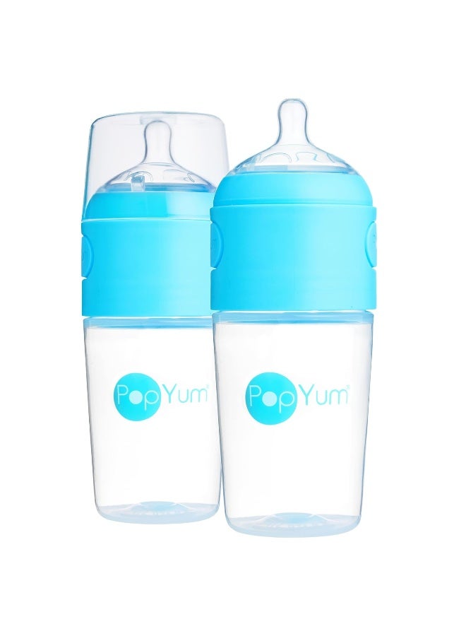 PopYum زجاجات حليب الأطفال PopYum سعة 9 أونصات باللون الأزرق، تركيبة مضادة للمغص، 2 عبوة مع حلمات تدفق متوسطة #2، 260 مل، خالية من BPA، قفل طبيعي - Image 1