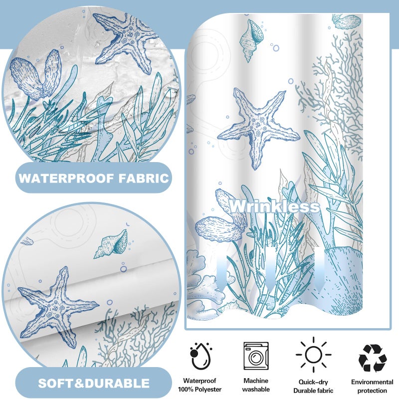 TWLSNCD No Hook Shower Curtain with Snap in Liner, Beach Ocean Nautical Coastal Shower Curtains and Liner Set for Bathroom, Seashell Hotel Fabric Bath Curtain, Waterproof Washable, Blue 71" x 74" - Image 3