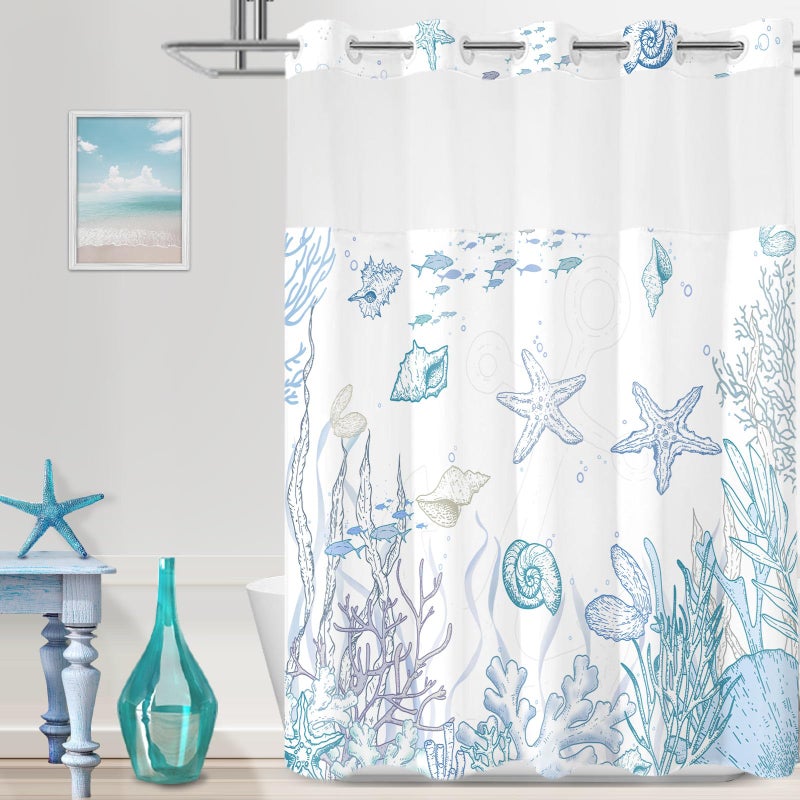 TWLSNCD No Hook Shower Curtain with Snap in Liner, Beach Ocean Nautical Coastal Shower Curtains and Liner Set for Bathroom, Seashell Hotel Fabric Bath Curtain, Waterproof Washable, Blue 71" x 74" - Image 1