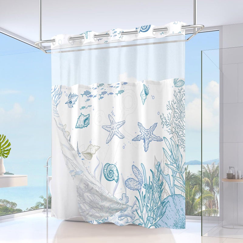 TWLSNCD No Hook Shower Curtain with Snap in Liner, Beach Ocean Nautical Coastal Shower Curtains and Liner Set for Bathroom, Seashell Hotel Fabric Bath Curtain, Waterproof Washable, Blue 71" x 74" - Image 2