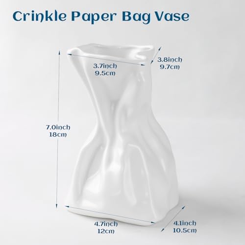 SIBRANT Paper Bag Vase for Flower, Unique Crinkle Design White Ceramic Vase, Flower Vase for Aesthetic Home Decor, Wedding Dinner Table Party Christmas Decorative - Image 2
