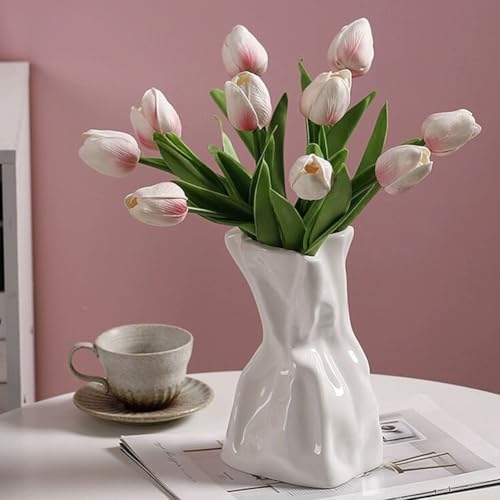 SIBRANT Paper Bag Vase for Flower, Unique Crinkle Design White Ceramic Vase, Flower Vase for Aesthetic Home Decor, Wedding Dinner Table Party Christmas Decorative - Image 4