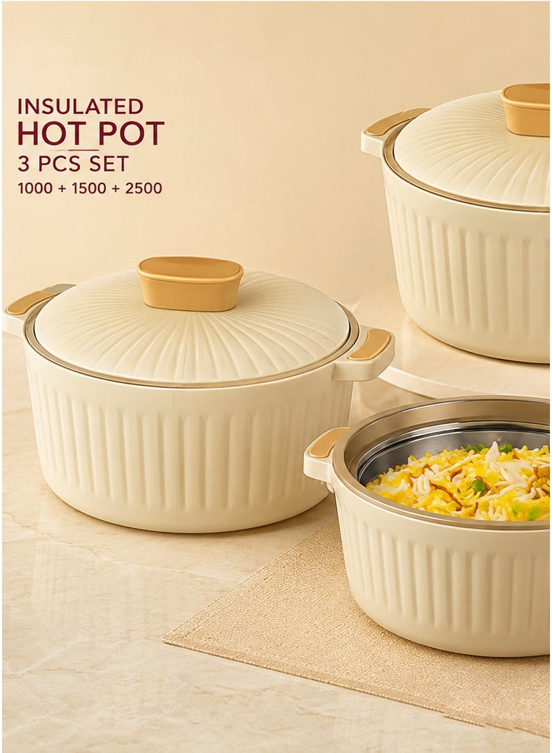 3 Piece Stainless Steel Inner Food Container Set (1000ml, 1500ml, 2500ml) Beige/Gold - Image 1