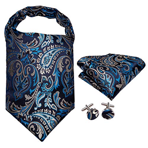 Dubulle Paisley Floral Ascot Tie for Men Self-Tie Cravat and Pocket Square With Cufflinks - Navy Blue Mix Wedding - Image 3