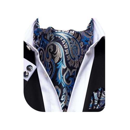 Dubulle Paisley Floral Ascot Tie for Men Self-Tie Cravat and Pocket Square With Cufflinks - Navy Blue Mix Wedding - Image 1