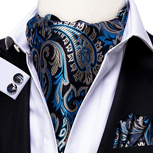 Dubulle Paisley Floral Ascot Tie for Men Self-Tie Cravat and Pocket Square With Cufflinks - Navy Blue Mix Wedding - Image 2