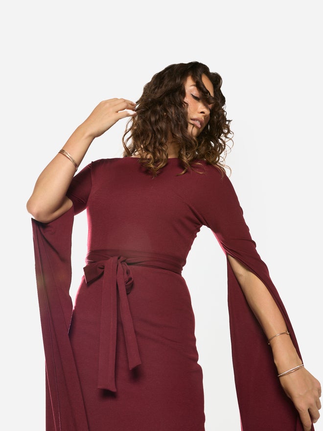 House of Moda Tie-Waist Cape Sleeve Maxi Dress - Image 5