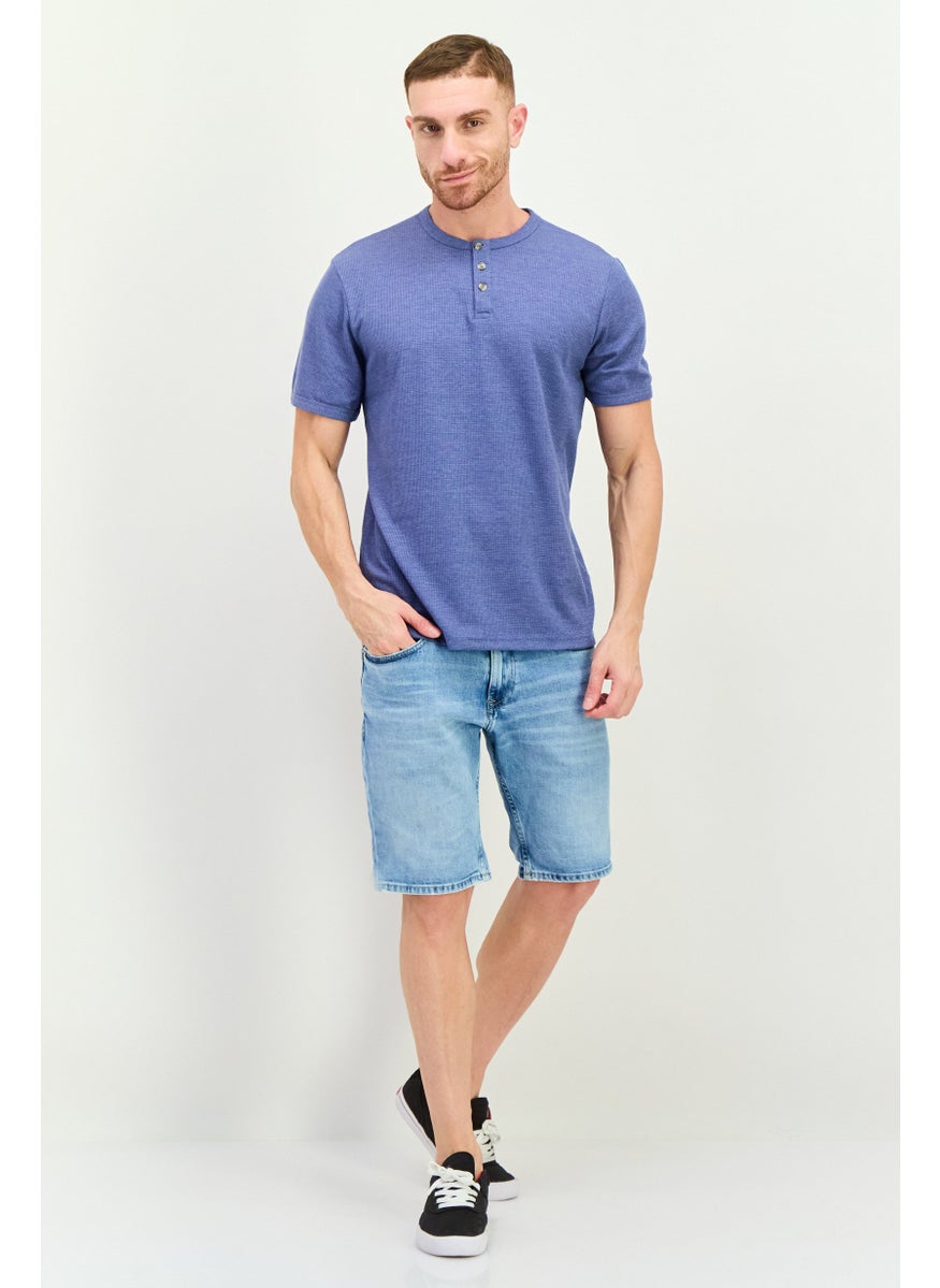 Swiss Alps - Men Henley Neck Short Sleeve Textured T-Shirt, Slate Blue - Image 1