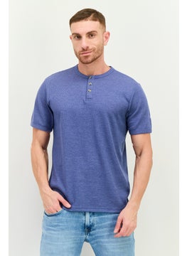 Men Henley Neck Short Sleeve Textured T-Shirt, Slate Blue