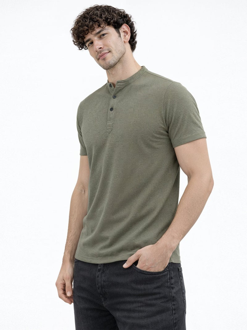 STATUS QUO Solid Henley Neck Regular Fit Sage T-shirt - Image 2