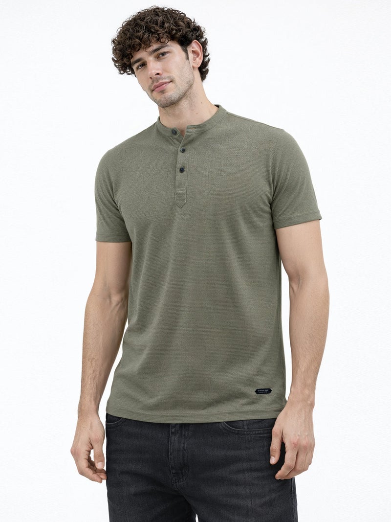 STATUS QUO Solid Henley Neck Regular Fit Sage T-shirt - Image 1